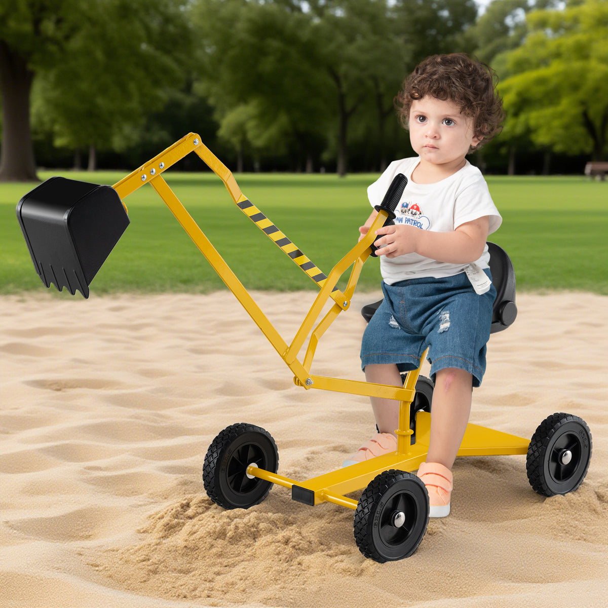 Costway 4 Wheels Construction Excavator with Ergonomic Backrest for Ages 3+-Yellow