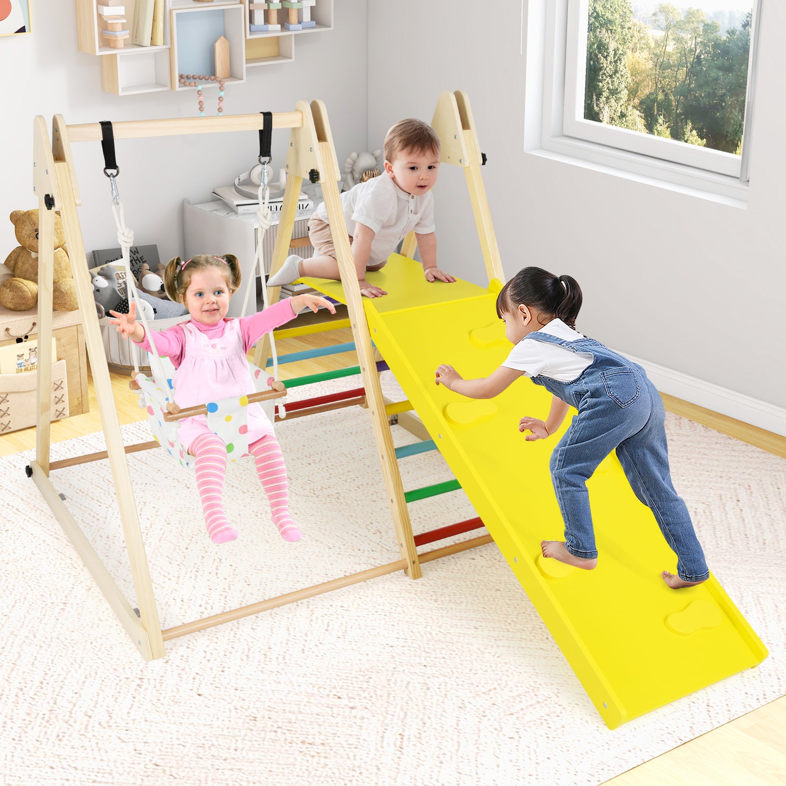 Swing Set Ramp 4 In 1 Wooden Indoor Jungle Gym | Swing Ramp Multicolor