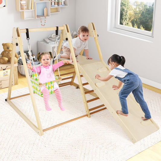 4-in-1 Indoor Jungle Gym Playground with Baby Swing Resting Platform-Natural