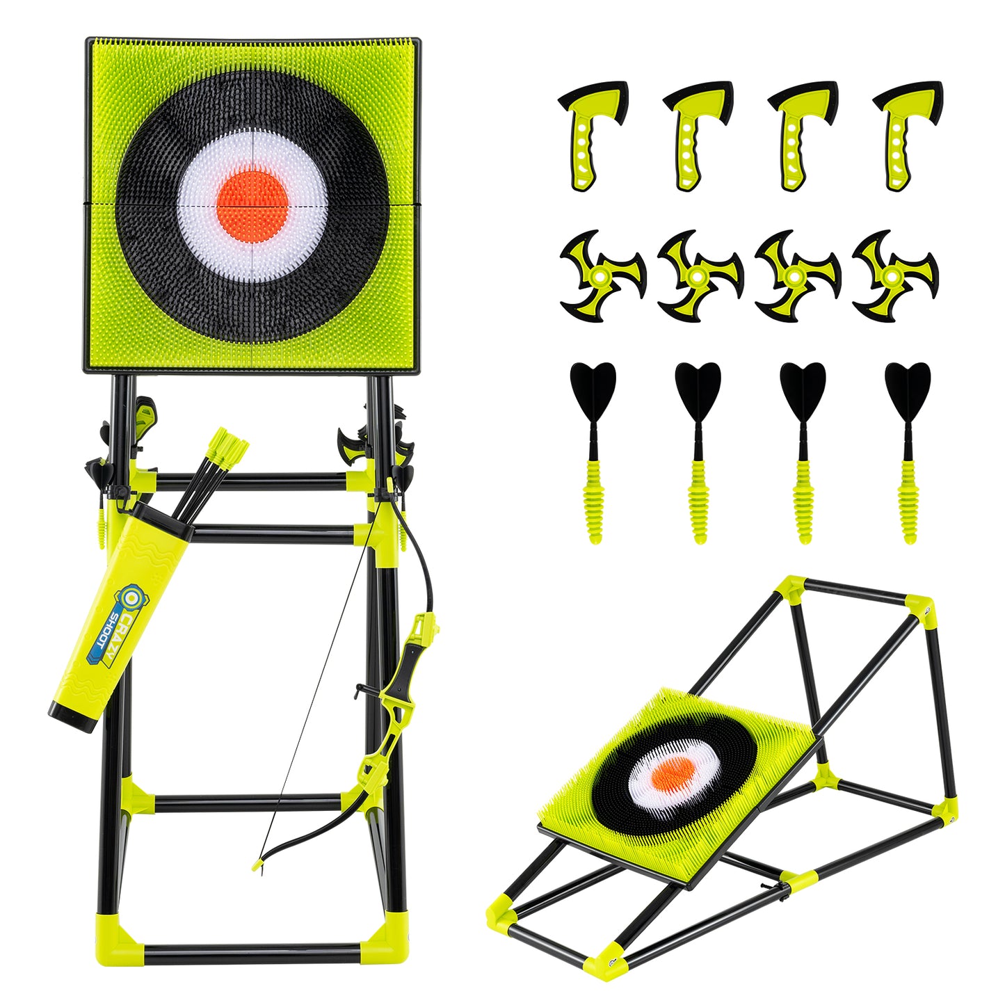 4 In 1 Throwing Target Set Green Black | Axes Bow Arrows Darts