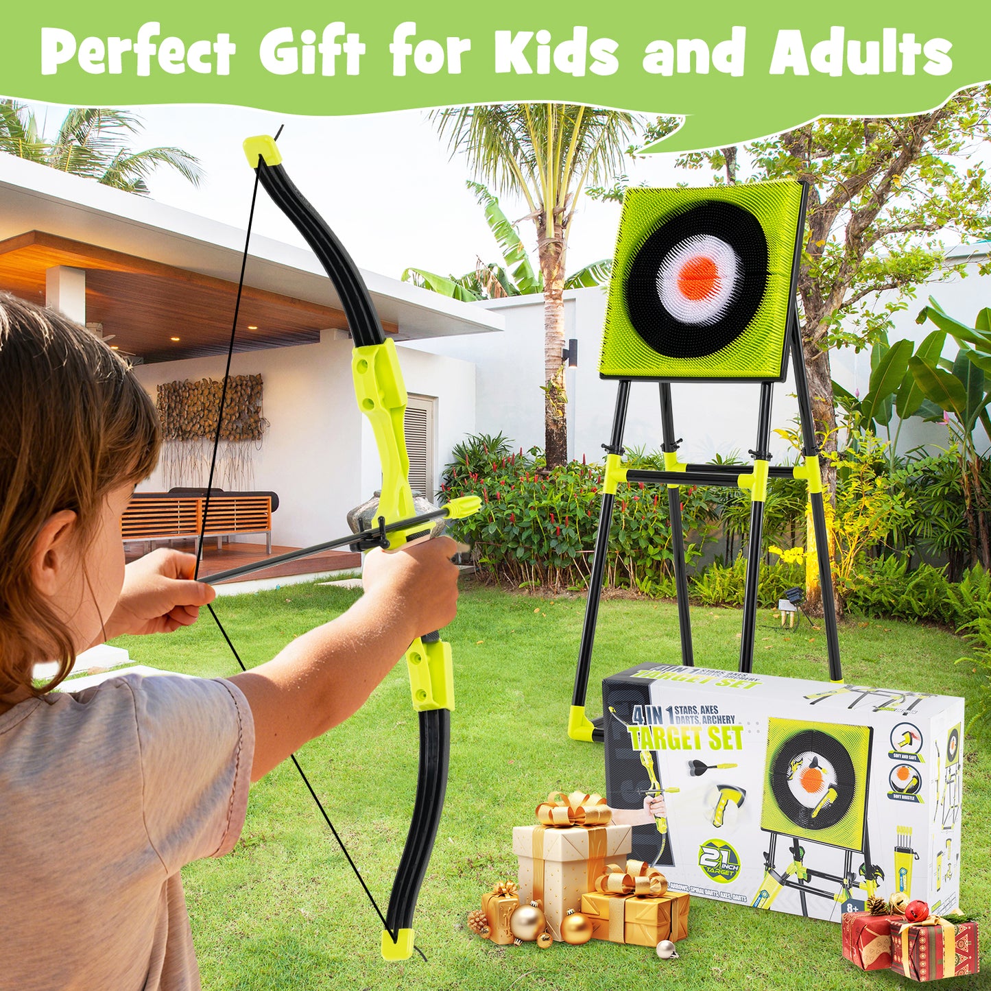 4 In 1 Throwing Target Set Green Black | Axes Bow Arrows Darts
