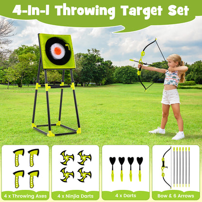 4 In 1 Throwing Target Set Green Black | Axes Bow Arrows Darts