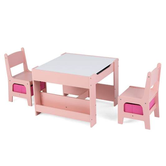 4-in-1 Kids Wooden Activity Table with Reversible Blackboard and Bookshelves-Pink