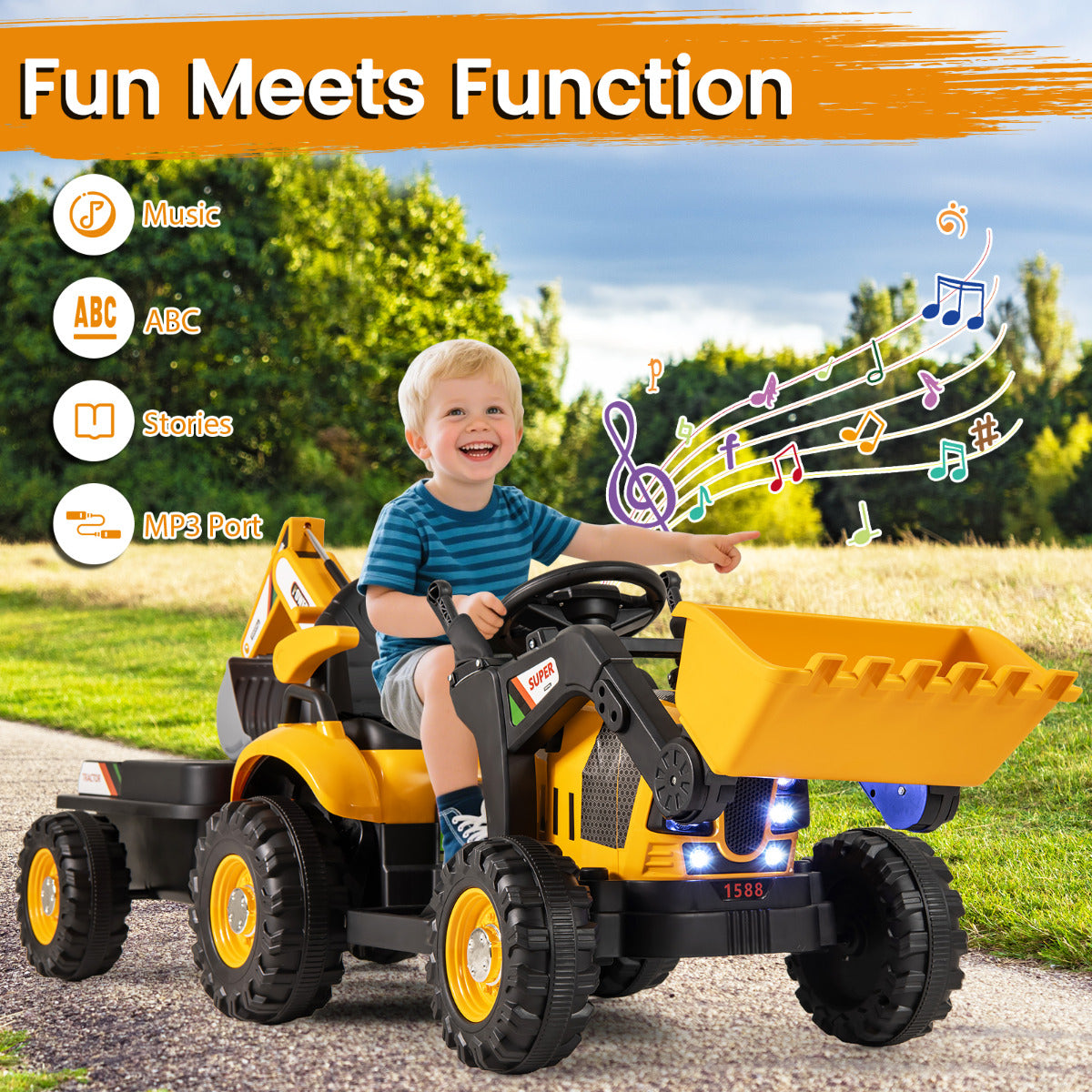 Yellow 4-in-1 Electric Ride On Excavator | Remote Control | Ages 3+