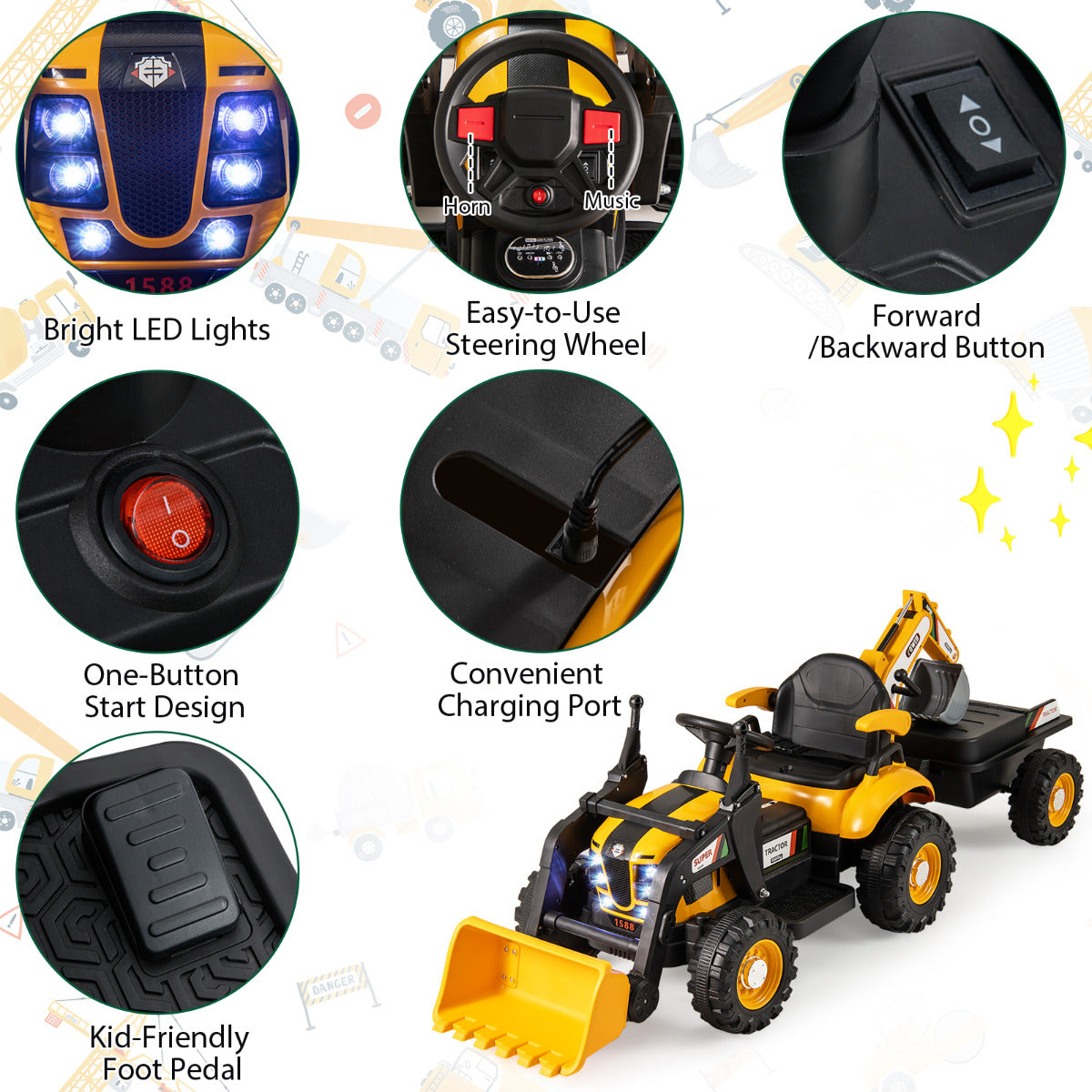 Yellow 4-in-1 Electric Ride On Excavator | Remote Control | Ages 3+