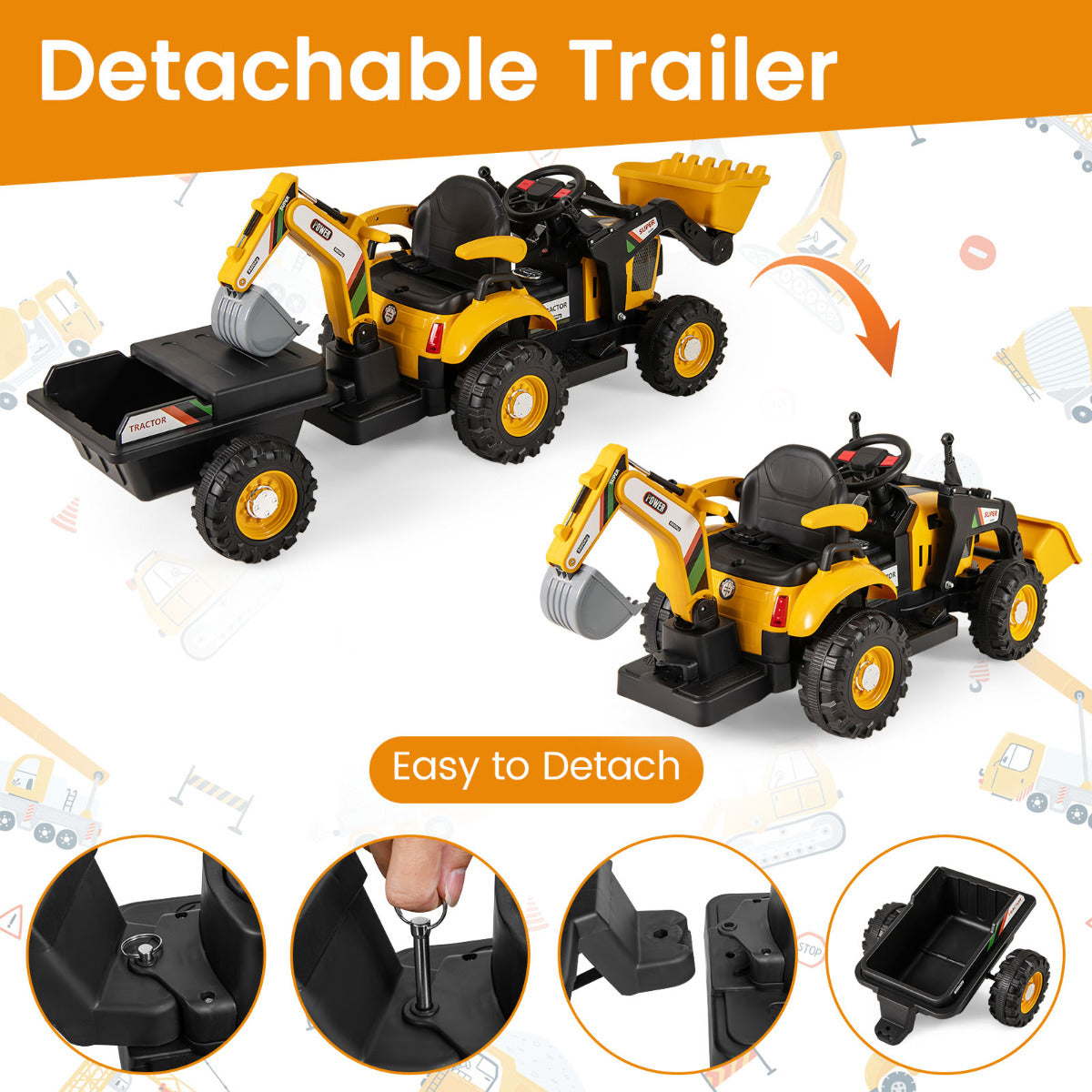 Yellow 4-in-1 Electric Ride On Excavator | Remote Control | Ages 3+