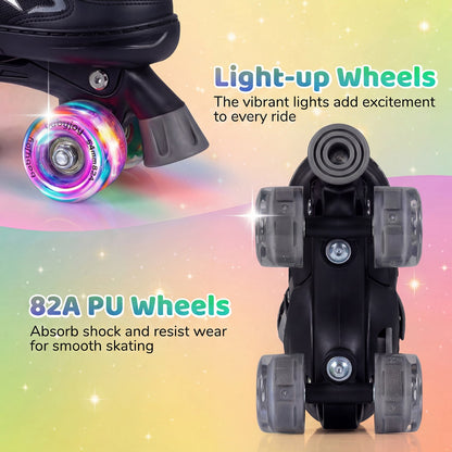 Black Quad Skates | 4 Size Adjustable Light-Up Wheels Ages 5-7