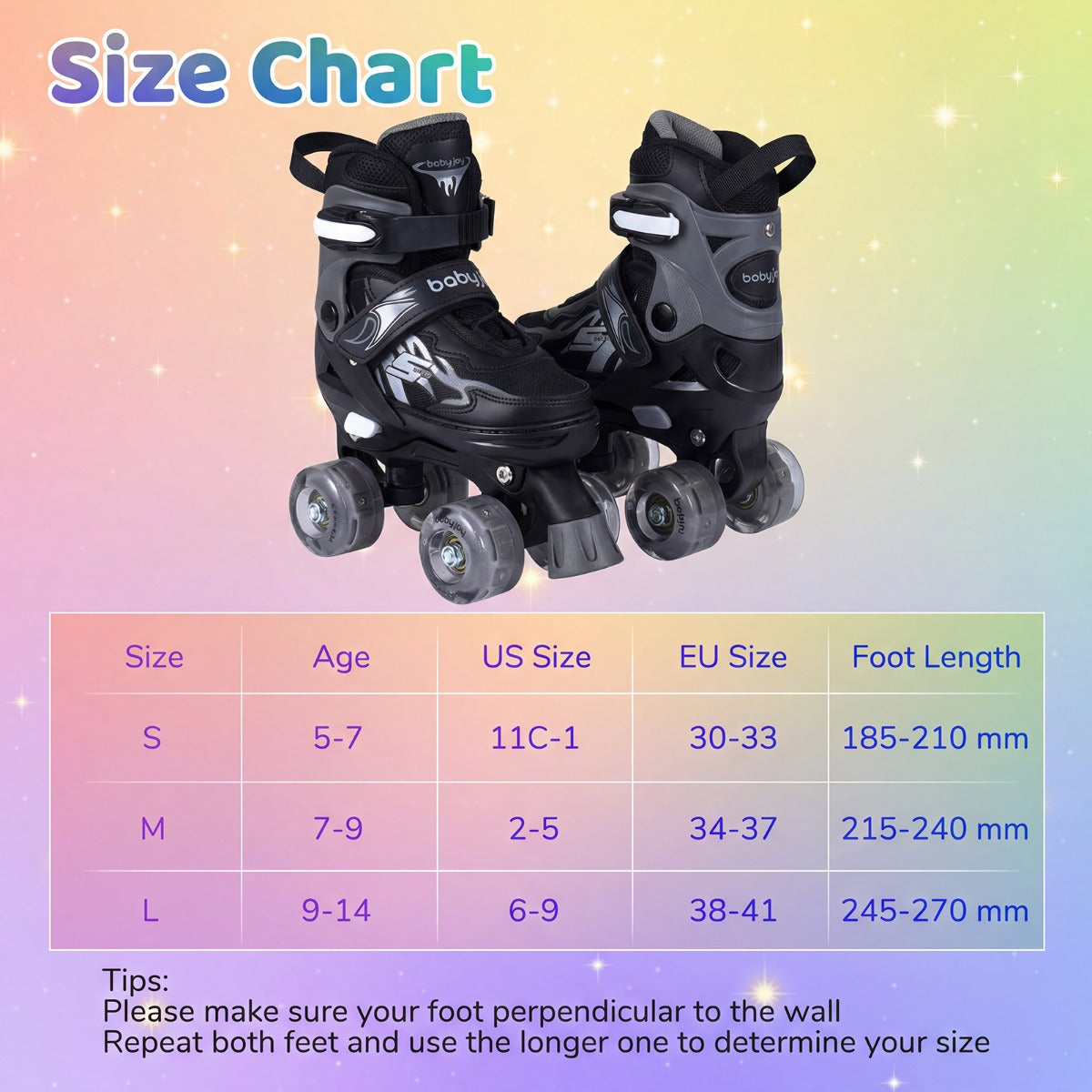 Black Quad Skates | 4 Size Adjustable Light-Up Wheels Ages 5-7
