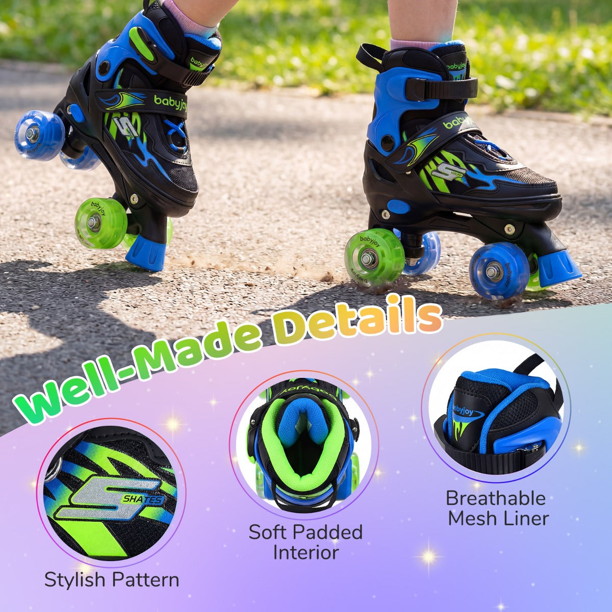 4 Size Adjustable Light-Up Quad Skates Blue | Ages 5-7 Kids