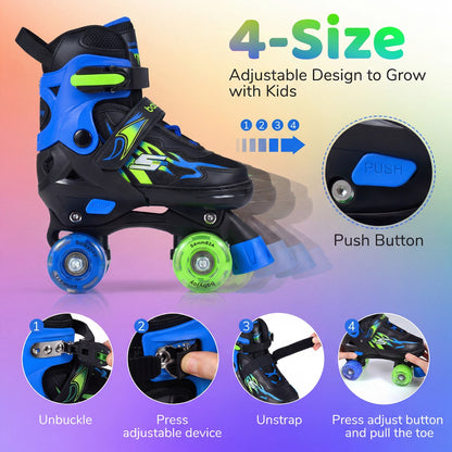 4 Size Adjustable Light-Up Quad Skates Blue | Ages 5-7 Kids