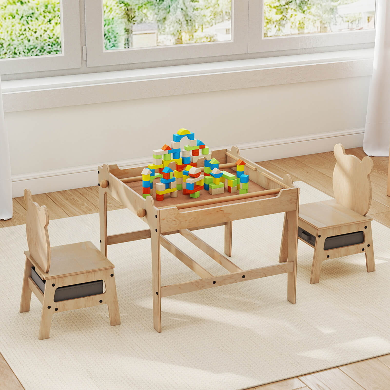 4-in-1 Kids Table and Chairs Set with Reversible Whiteboard for Arts Bear Style-Natural