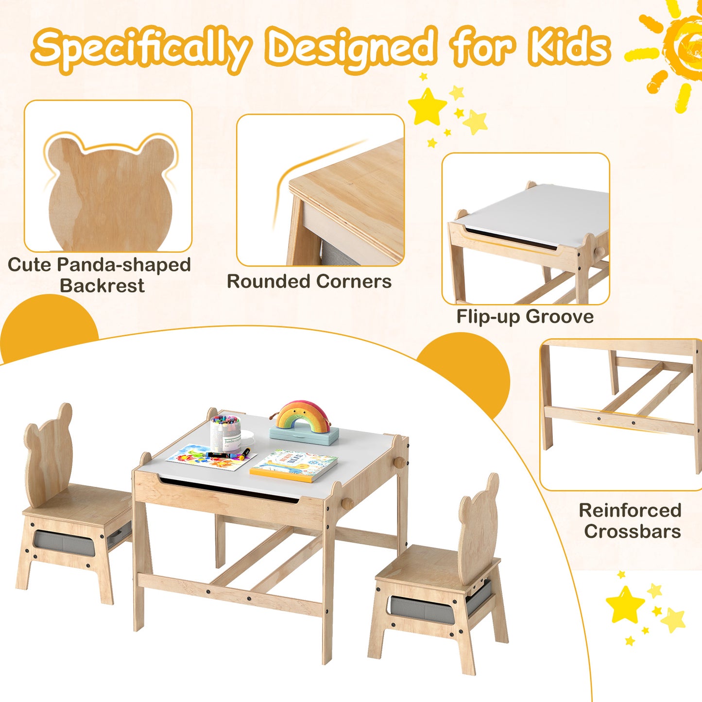 4 In 1 Kids Table Chair Set | Reversible Whiteboard | Natural