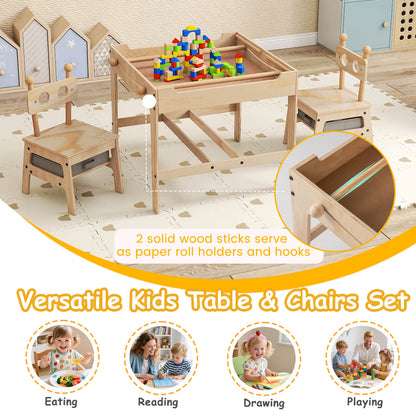 Natural Wood 4 In 1 Kids Table Chairs Set | Robot Design Storage
