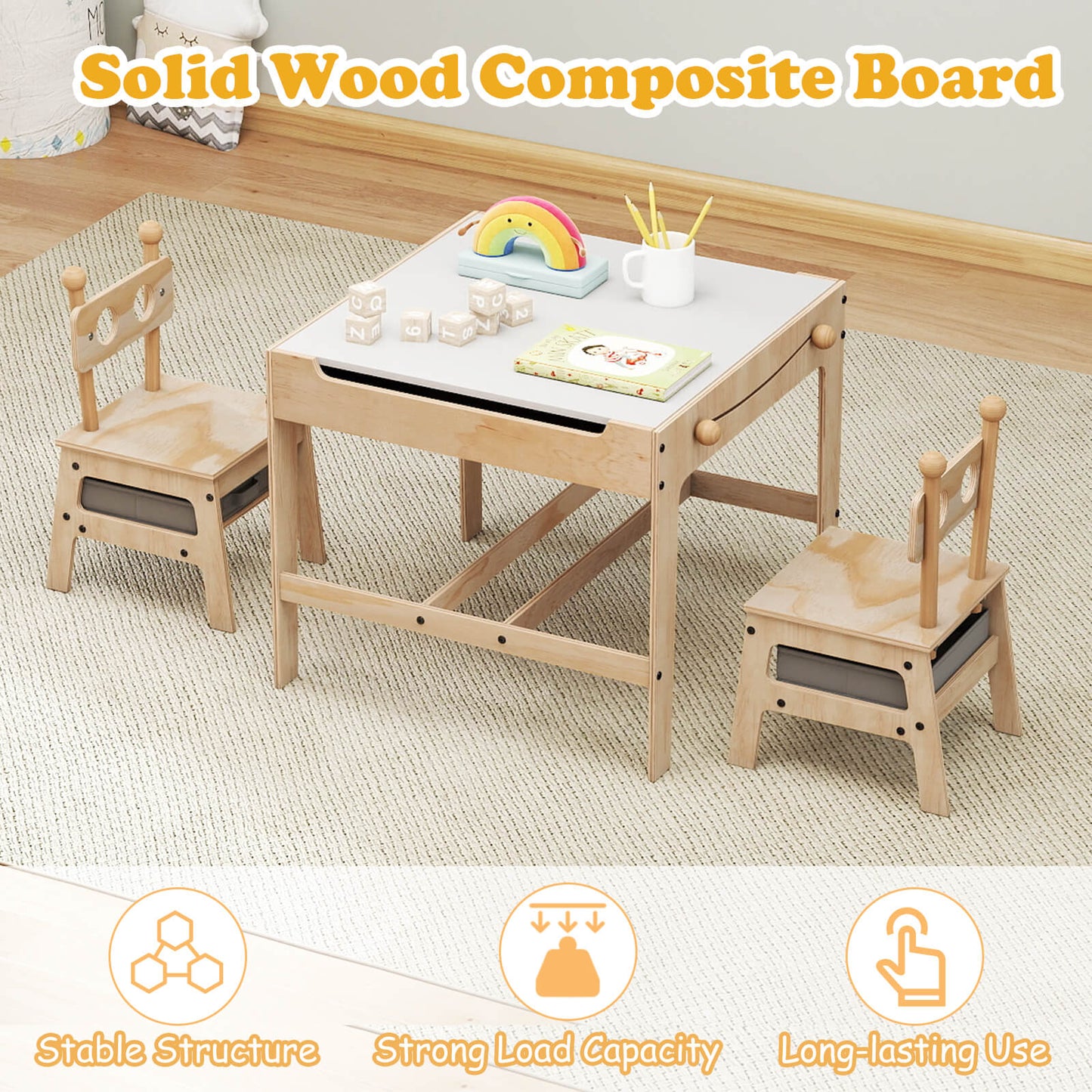 Natural Wood 4 In 1 Kids Table Chairs Set | Robot Design Storage