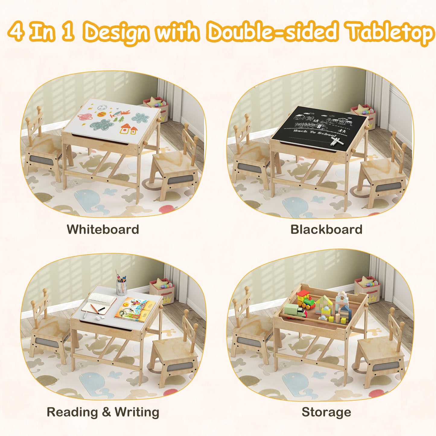 Natural Wood 4 In 1 Kids Table Chairs Set | Robot Design Storage