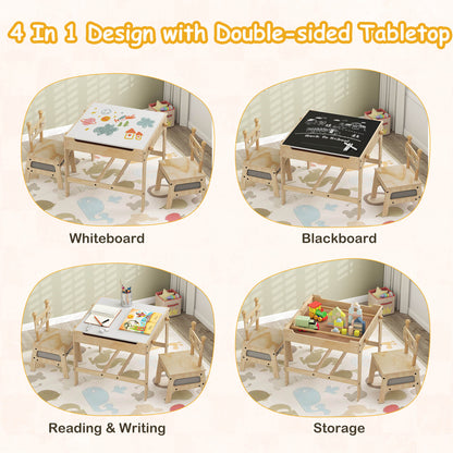 Natural Wood 4 In 1 Kids Table Chairs Set | Robot Design Storage