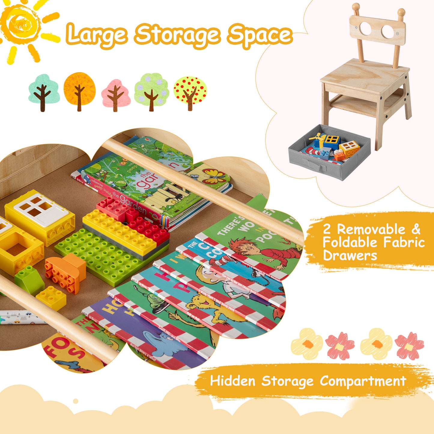 Natural Wood 4 In 1 Kids Table Chairs Set | Robot Design Storage