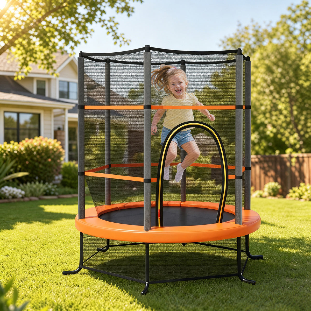Orange Kids Trampoline 5.3Ft | 135kg Capacity & Enclosure Net