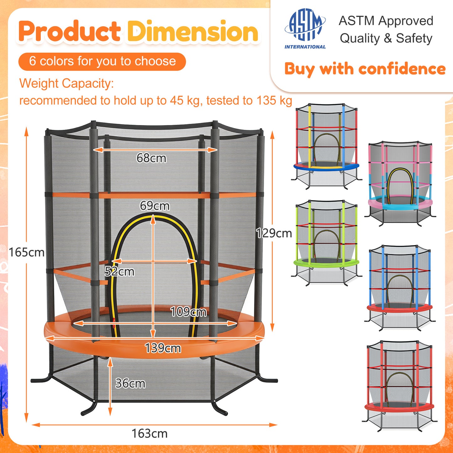 Orange Kids Trampoline 5.3Ft | 135kg Capacity & Enclosure Net