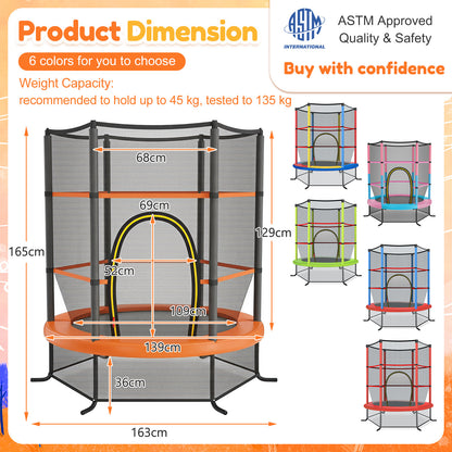 Orange Kids Trampoline 5.3Ft | 135kg Capacity & Enclosure Net