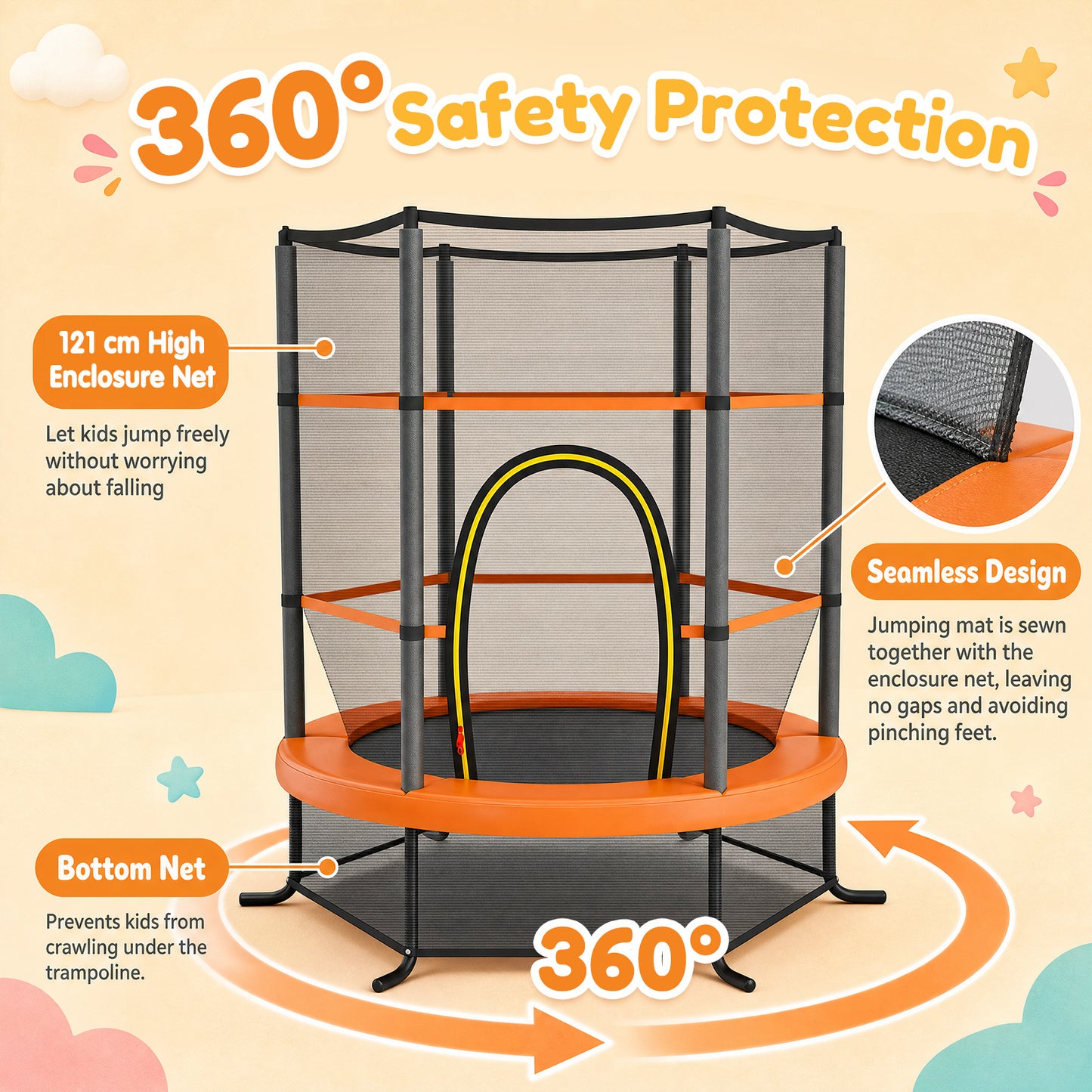 Orange Kids Trampoline 5.3Ft | 135kg Capacity & Enclosure Net