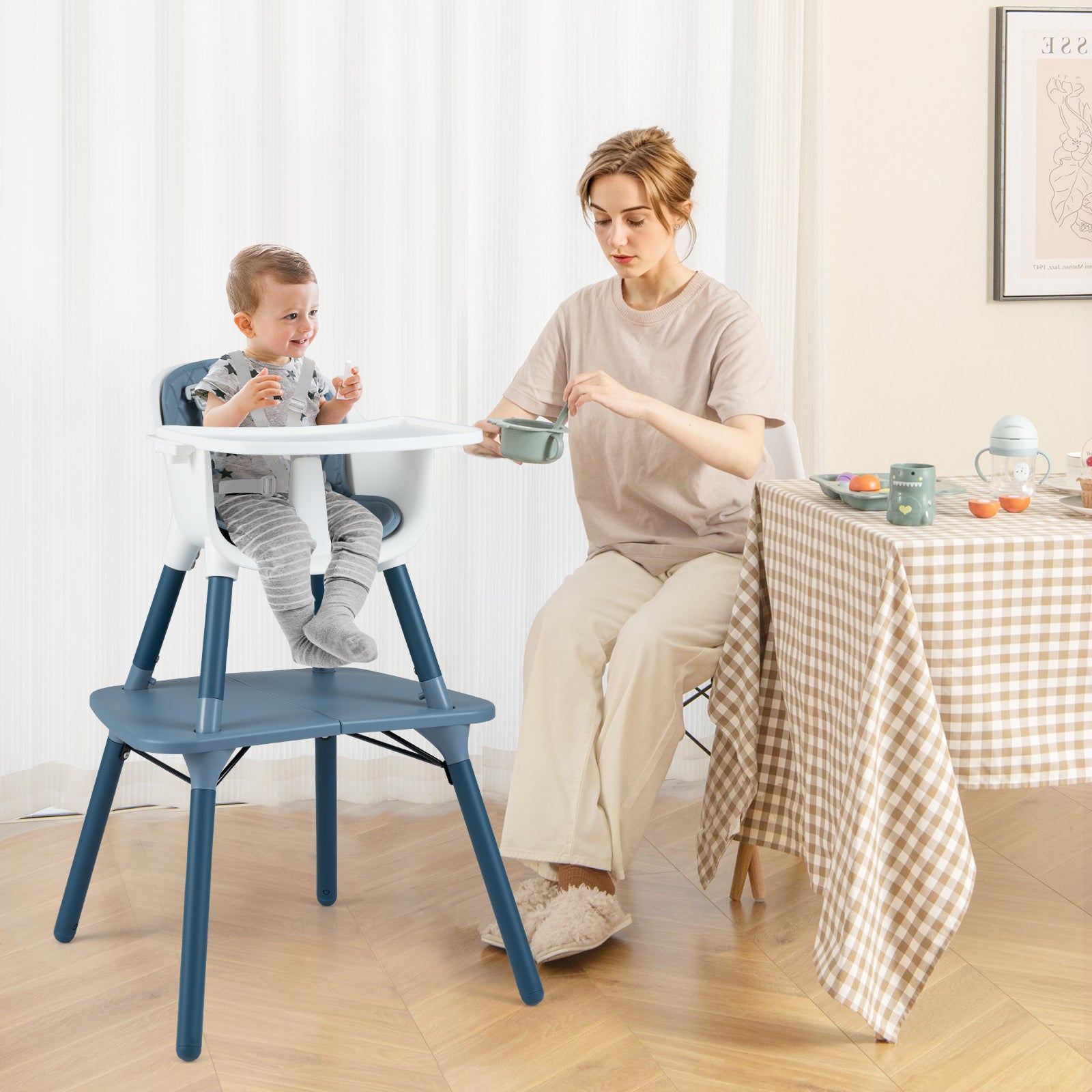 Costway 5-in-1 Multifunctional Convertible Baby Highchair with Harness & Removable Tray-Blue
