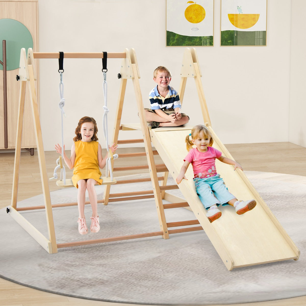 Costway 5-in-1 Indoor Jungle Gym with Fun Slide and Adjustable Swing