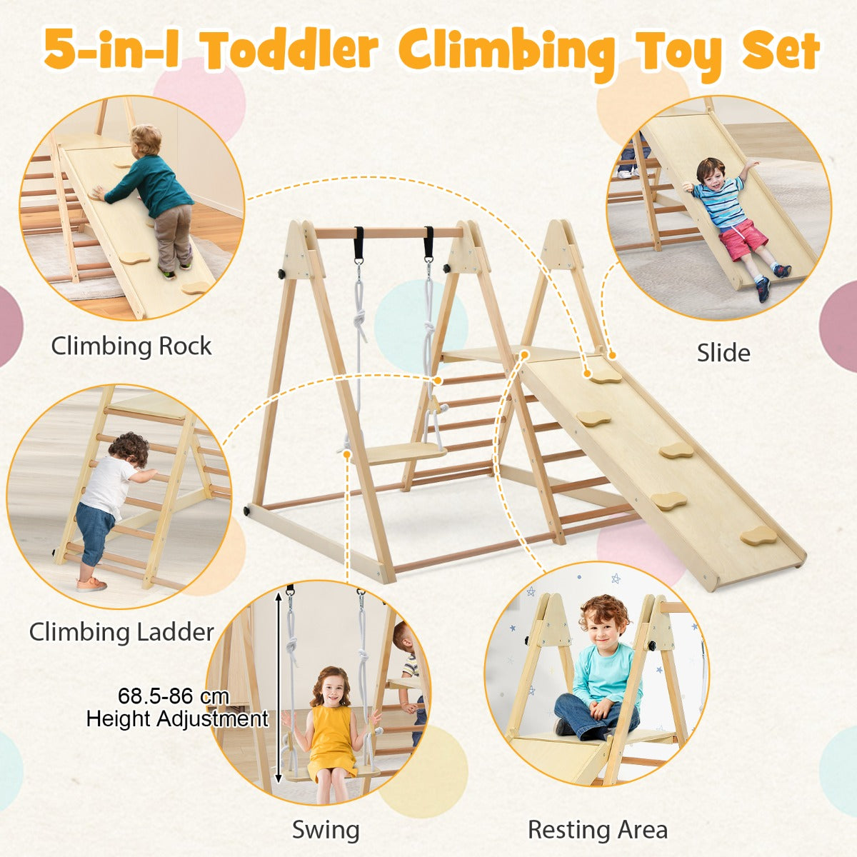 Indoor Jungle Gym | 5-in-1 Wooden Play Set with Natural Finish