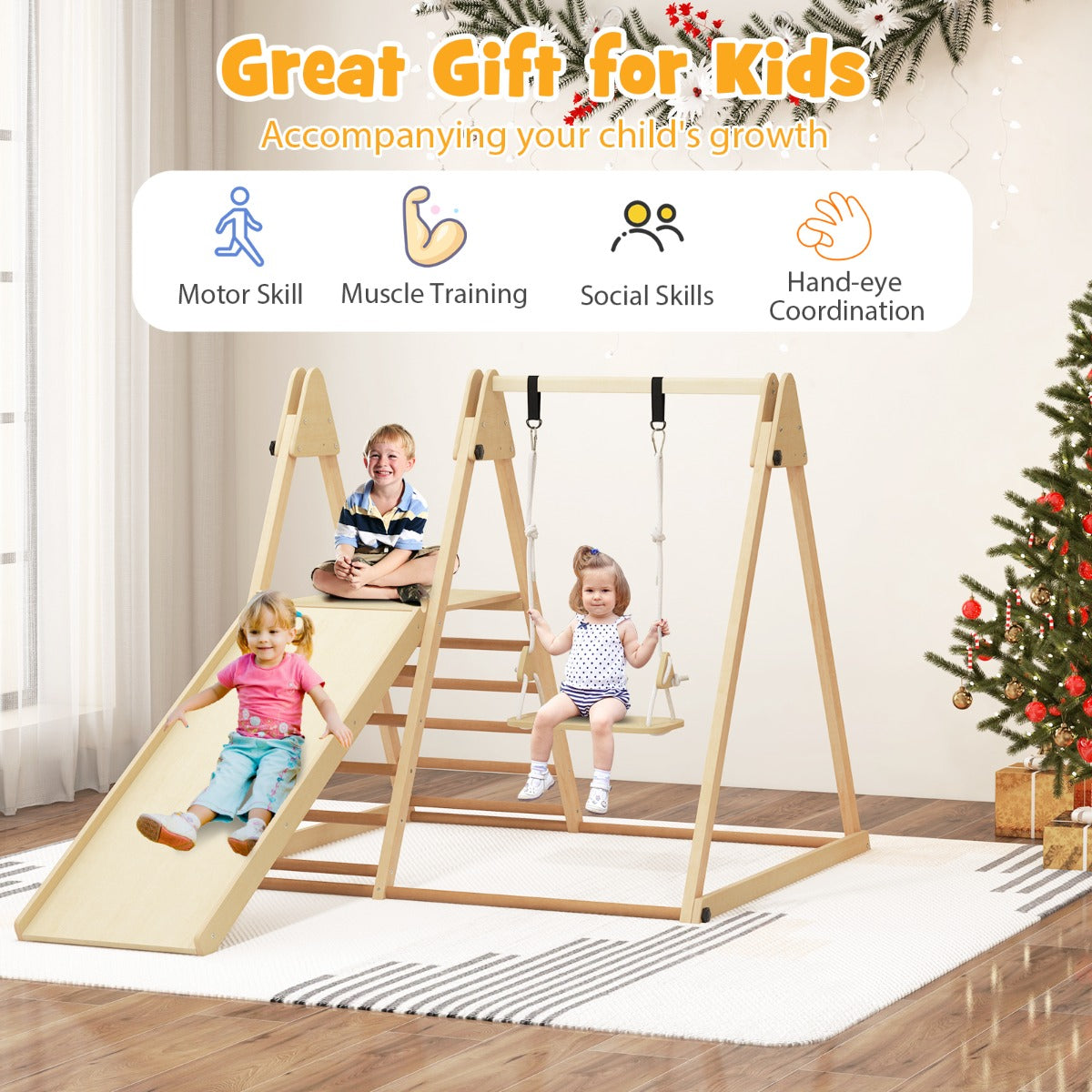 Indoor Jungle Gym | 5-in-1 Wooden Play Set with Natural Finish