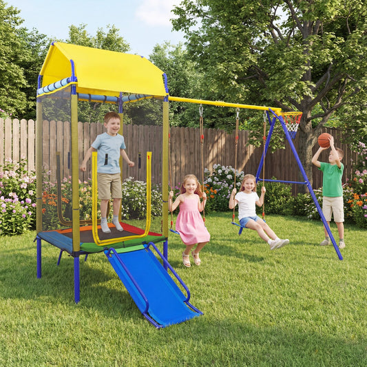 5 In 1 Yellow Kids Swing Set | Trampoline Slide Basketball Hoop