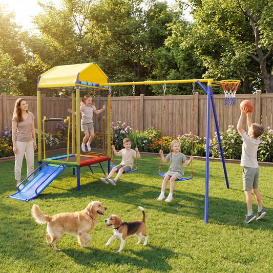 5 In 1 Yellow Kids Swing Set | Trampoline Slide Basketball Hoop