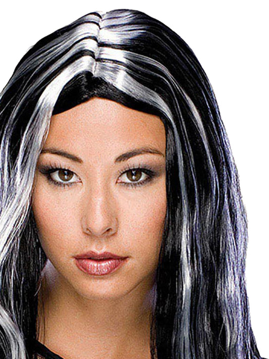 Witch wig with grey streaks, ideal for adult Halloween costume, perfect for spooky fun.