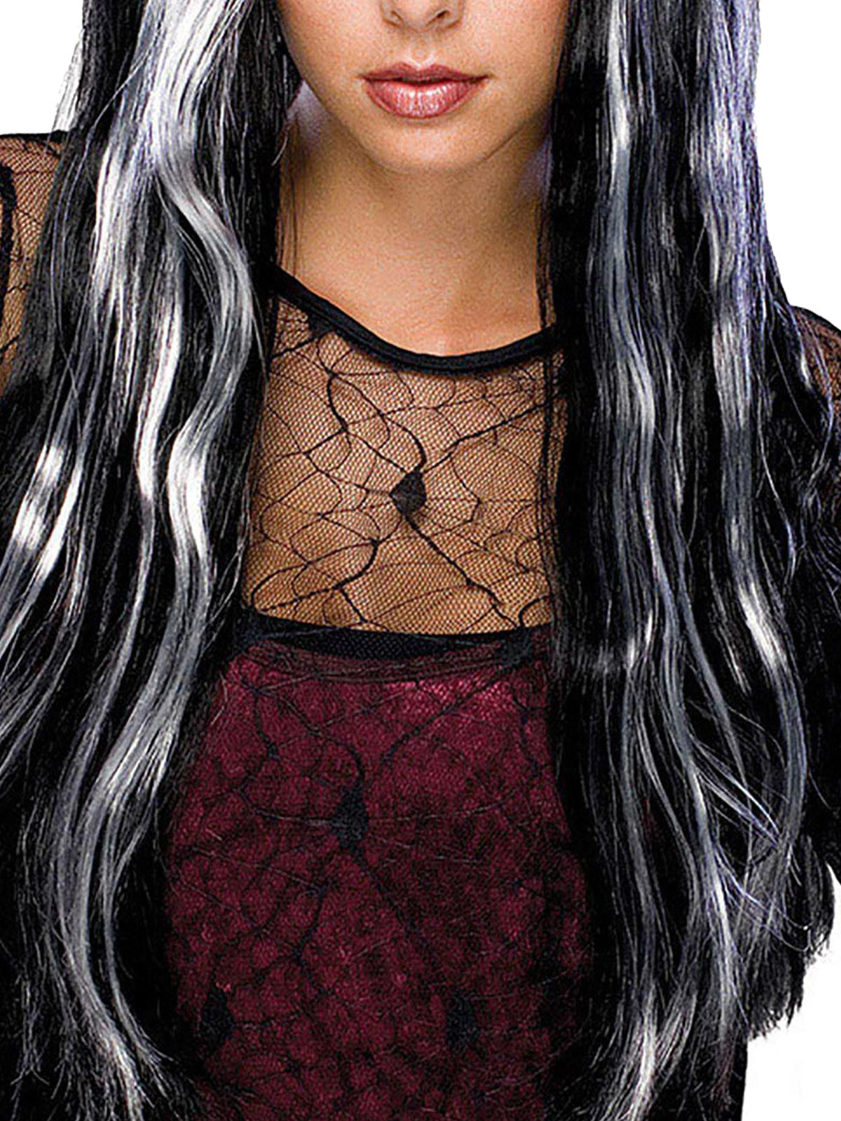 Halloween witch wig for adults with grey streaks, perfect for spooky costume parties.