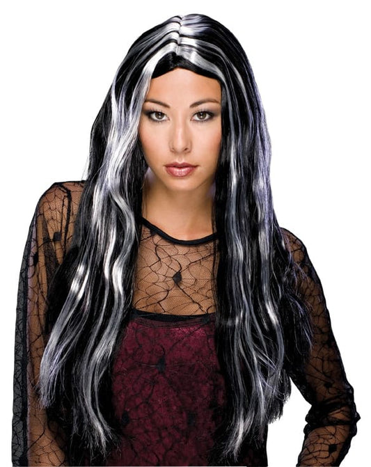 Witch wig for adults with grey streaks, ideal for Halloween costume, spooky home parties.