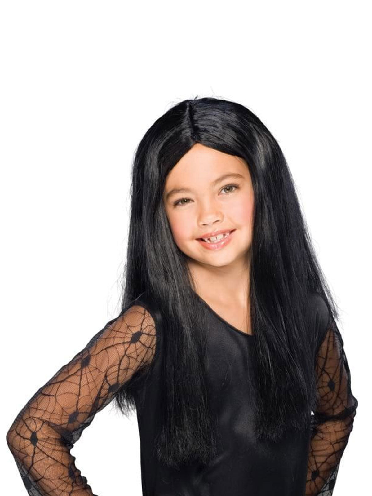 Kids long black witch wig costume accessory for dramatic play and Halloween fun.