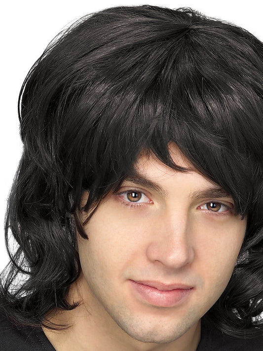 70s black shag wig for adults, perfect for retro costume parties.