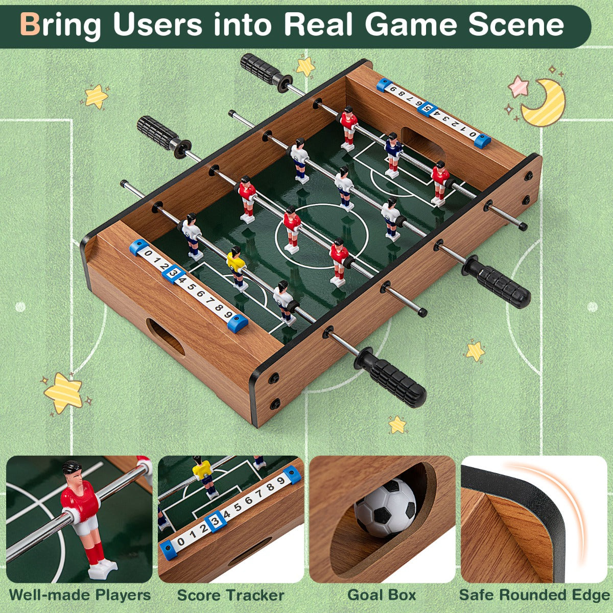 Compact foosball game for kids, 51cm tabletop soccer set - portable entertainment at home.