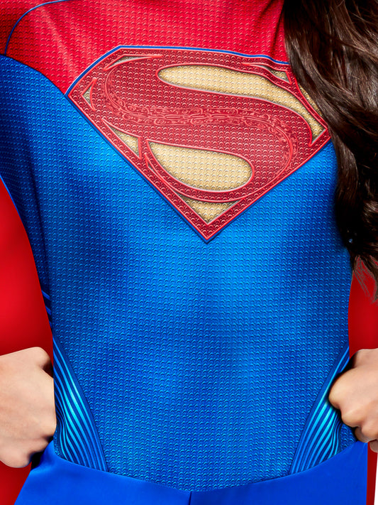 Kids Supergirl jumpsuit costume with cape inspired by The Flash movie, perfect for playtime.