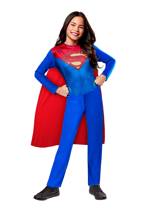 Kids Supergirl jumpsuit costume with cape from The Flash movie for imaginative home play.