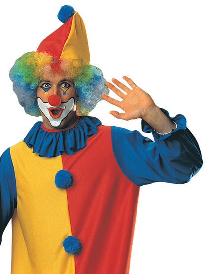 Colorful adult clown costume for playful home dress-up, perfect for childrens parties.