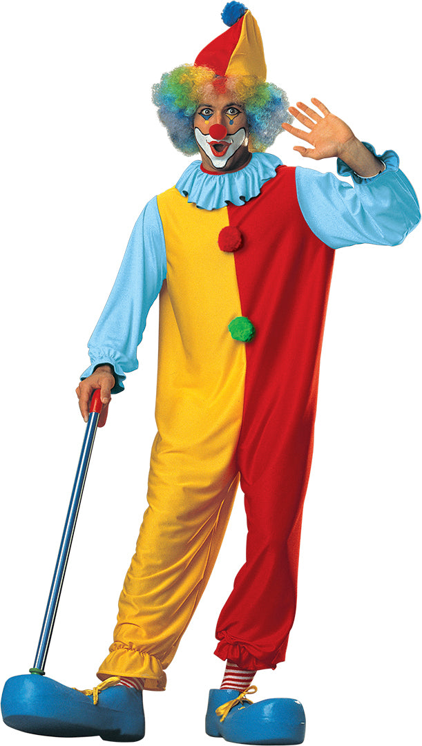 Adult clown costume with colorful wig and oversized bow tie for kids dress-up fun.