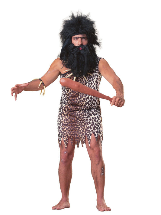 Adult caveman costume for Halloween, featuring faux fur accents and primitive accessories.