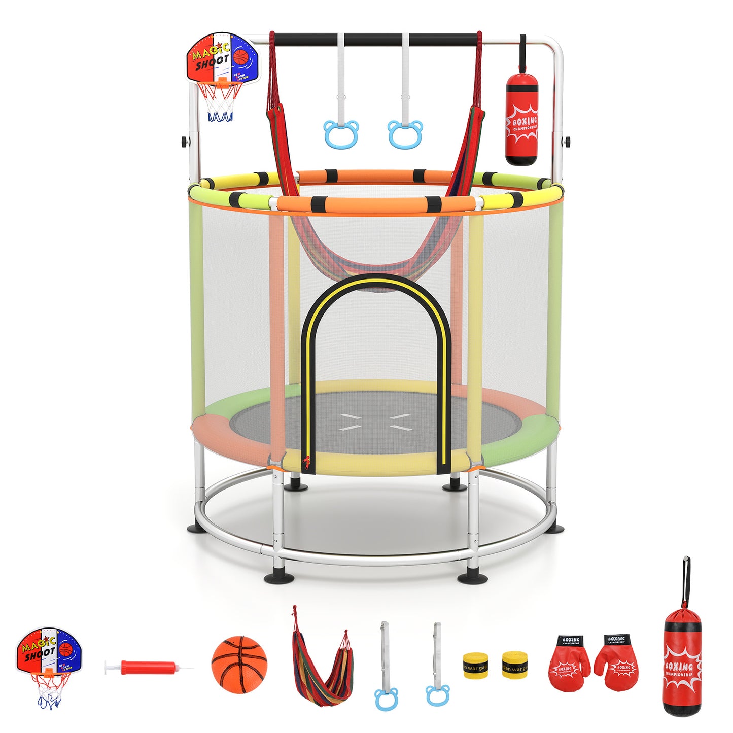 55" 6-in-1 Kids Trampoline Hammock Gym Bar Orange Multicolor
