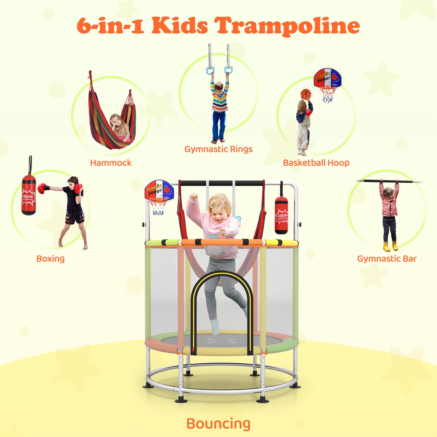 55" 6-in-1 Kids Trampoline Hammock Gym Bar Orange Multicolor