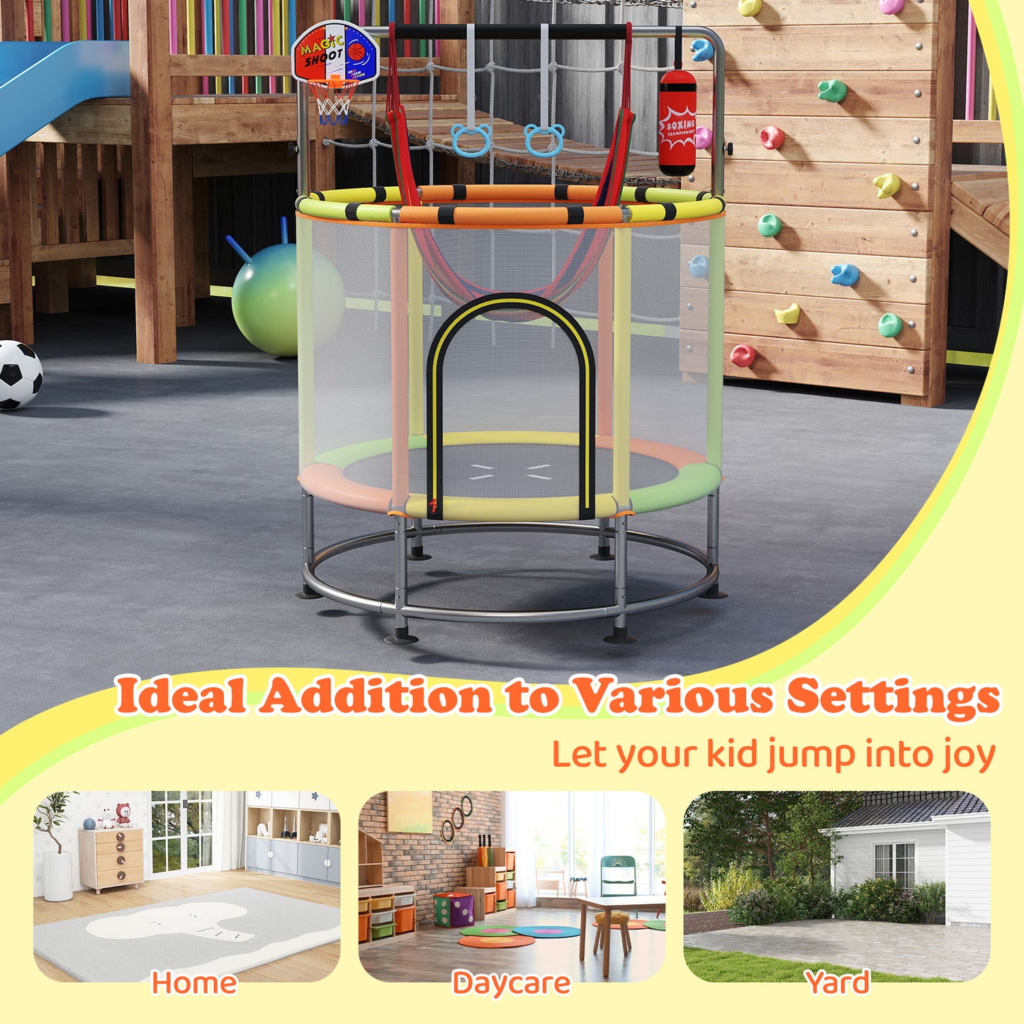 55" 6-in-1 Kids Trampoline Hammock Gym Bar Orange Multicolor