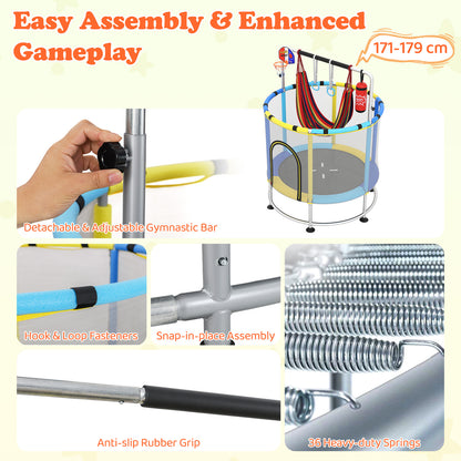 55" 6-in-1 Kids Trampoline | Hammock Gym Bar Basketball Blue