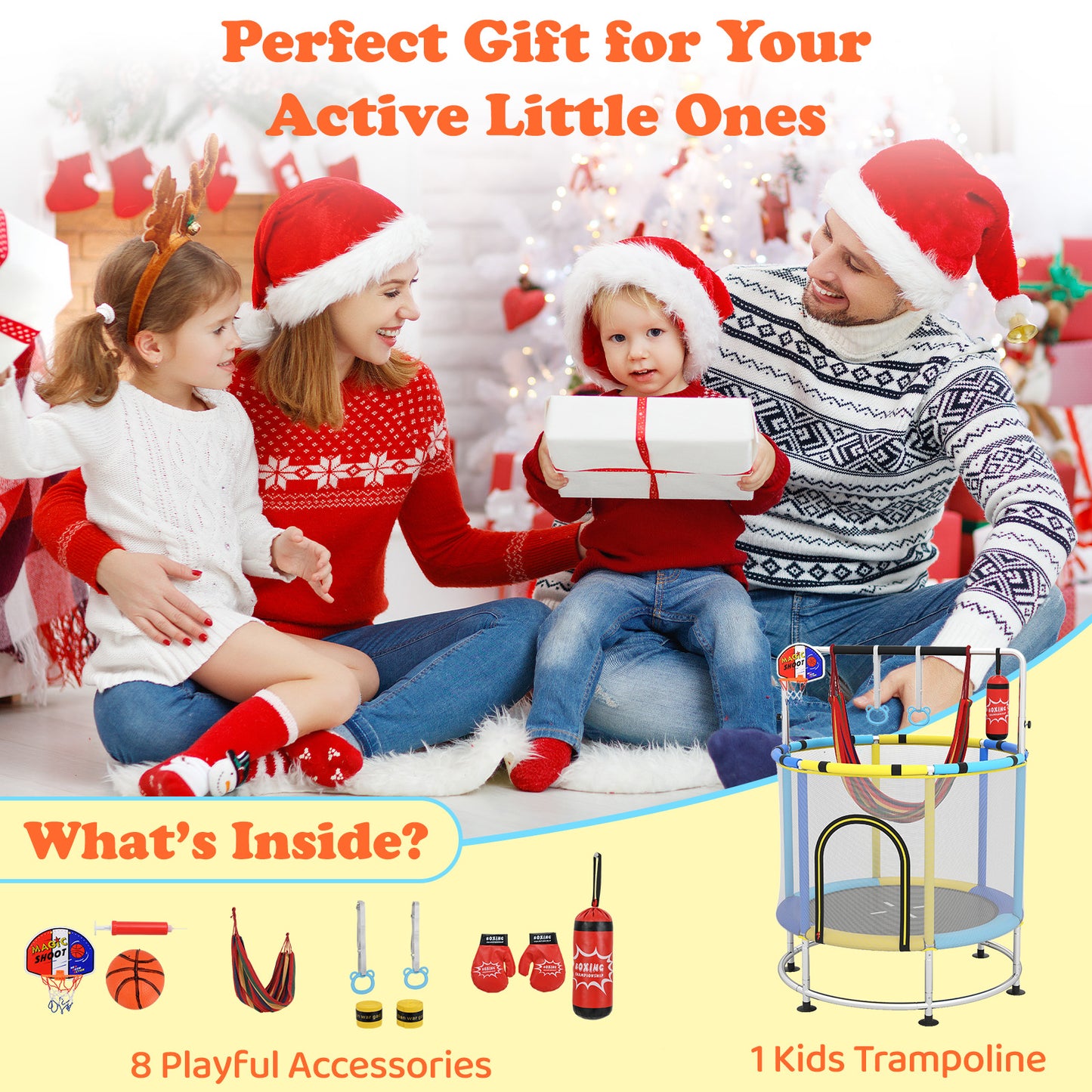 55" 6-in-1 Kids Trampoline | Hammock Gym Bar Basketball Blue