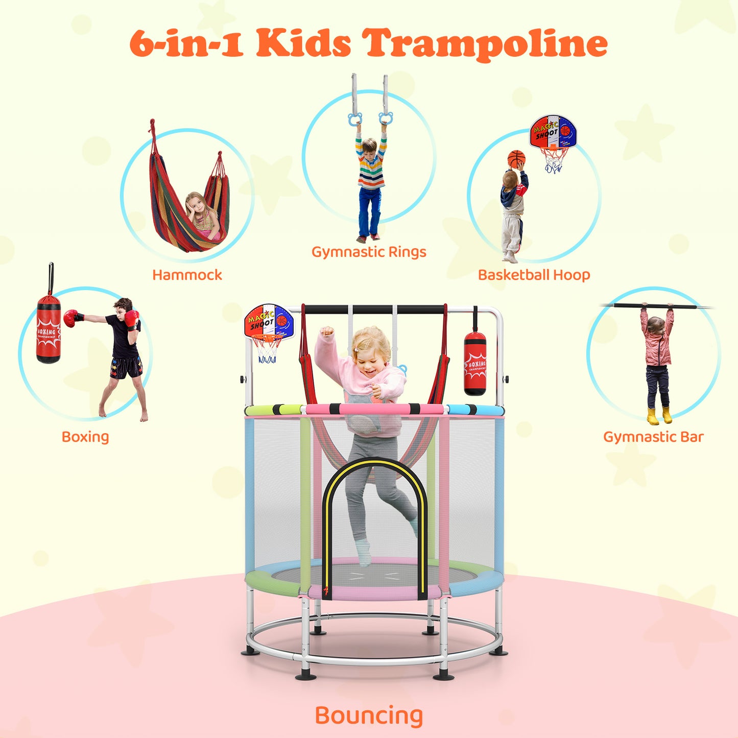 55" Kids Trampoline 6-in-1 Activity Center | Pink Multicolor