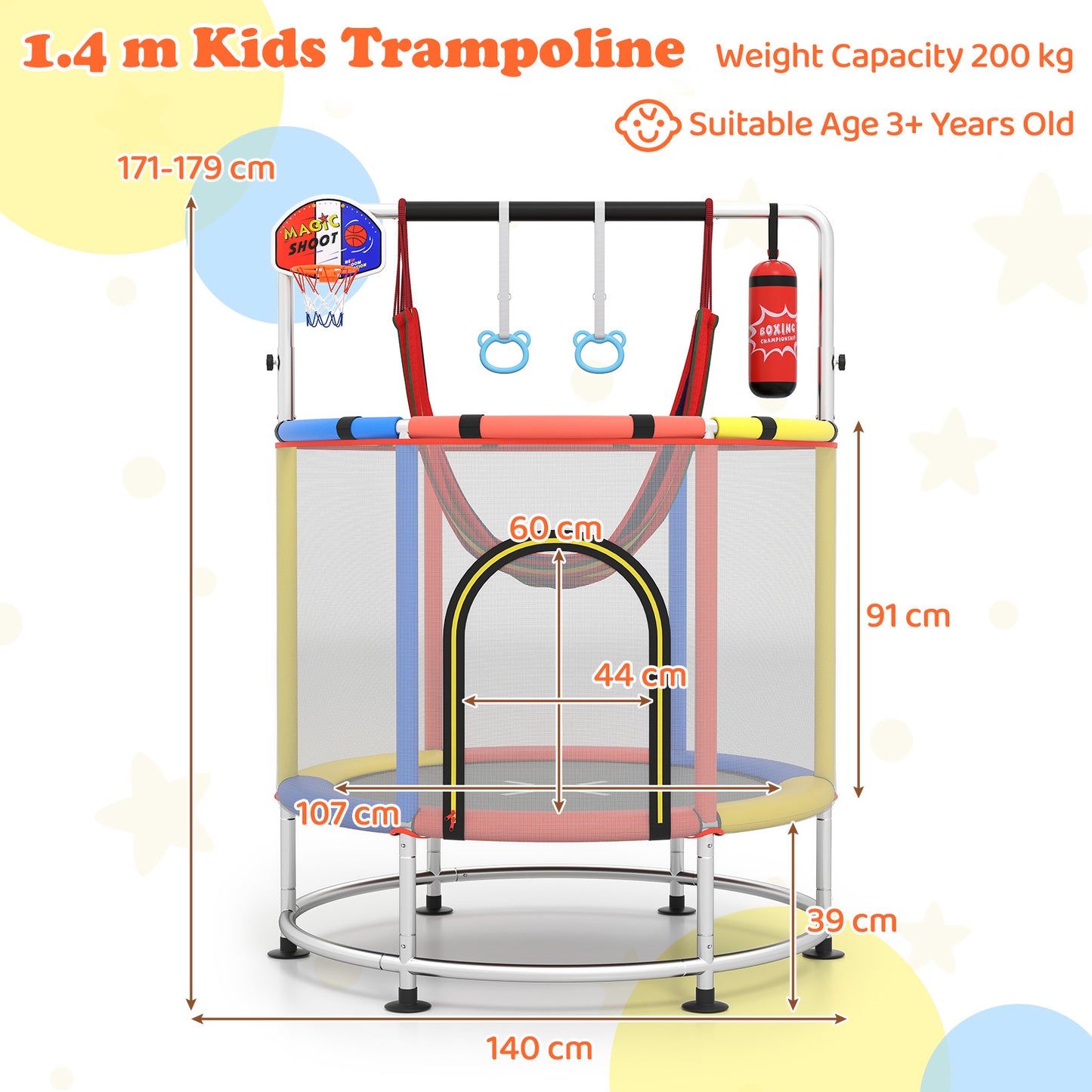 55" Kids Trampoline | 6-in-1 Activity Center Red & Multicolor