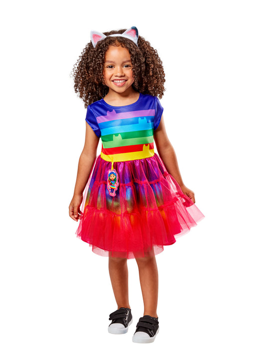 Gabbys Dollhouse Rainbow Tutu Dress Costume with Cat Ears for imaginative play at home.